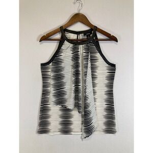 Modernist Alfani Women XS Black White Geometric Faux Leather Trim Halter Blouse